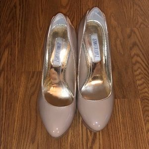 Nude patent JLO stilettos, gold trim